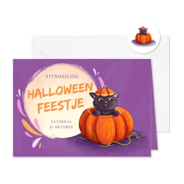 Uitnodiging voor een Halloween feestje met pompoenen en kat